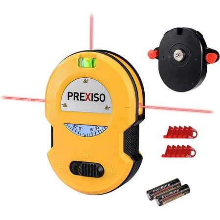prexiso multi surface laser level led light vial  30ft horizontal & vertical line laser with wall mount base  2 pins  10 sticker  2 aa batteries for hanging frames & picture  construction wall writing