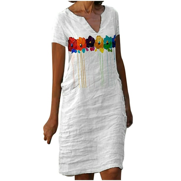 Vestidos de manga corta para mujer Vestido de tirantes con estampado de flores a la moda Vestido con cuello en V hasta la rodilla Pompotops ghjkhdj16773