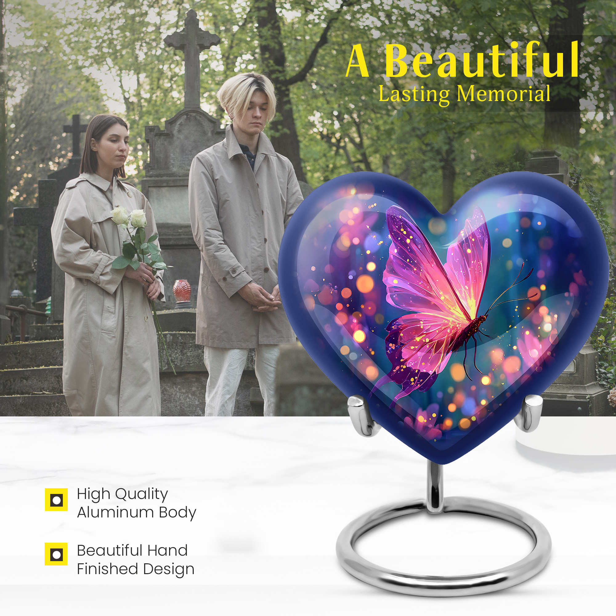 MUKTIVE Purple Butterfly Funeral Urns for Adult Ashes Men & Women, Small Urn for Ashes for Mom Cremation 3 inch, Keepsake Heart Adult Urn for Burial, Handmade Urns for Male & Female
