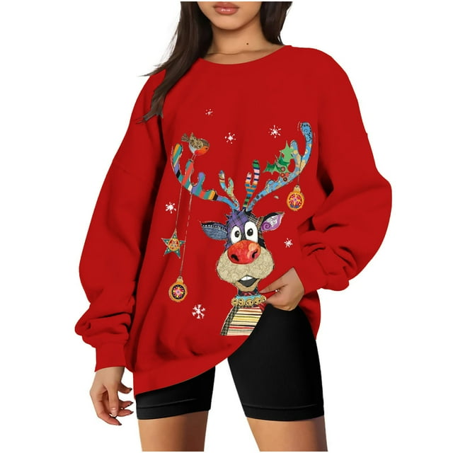 Costumes de Noël en Liquidation Col Rond Mode Décontractée Manches Longues Chandail en Molleton Imprimé de Noël Hauts Blouse Chandail en Molleton Grande Taille pour Femmes