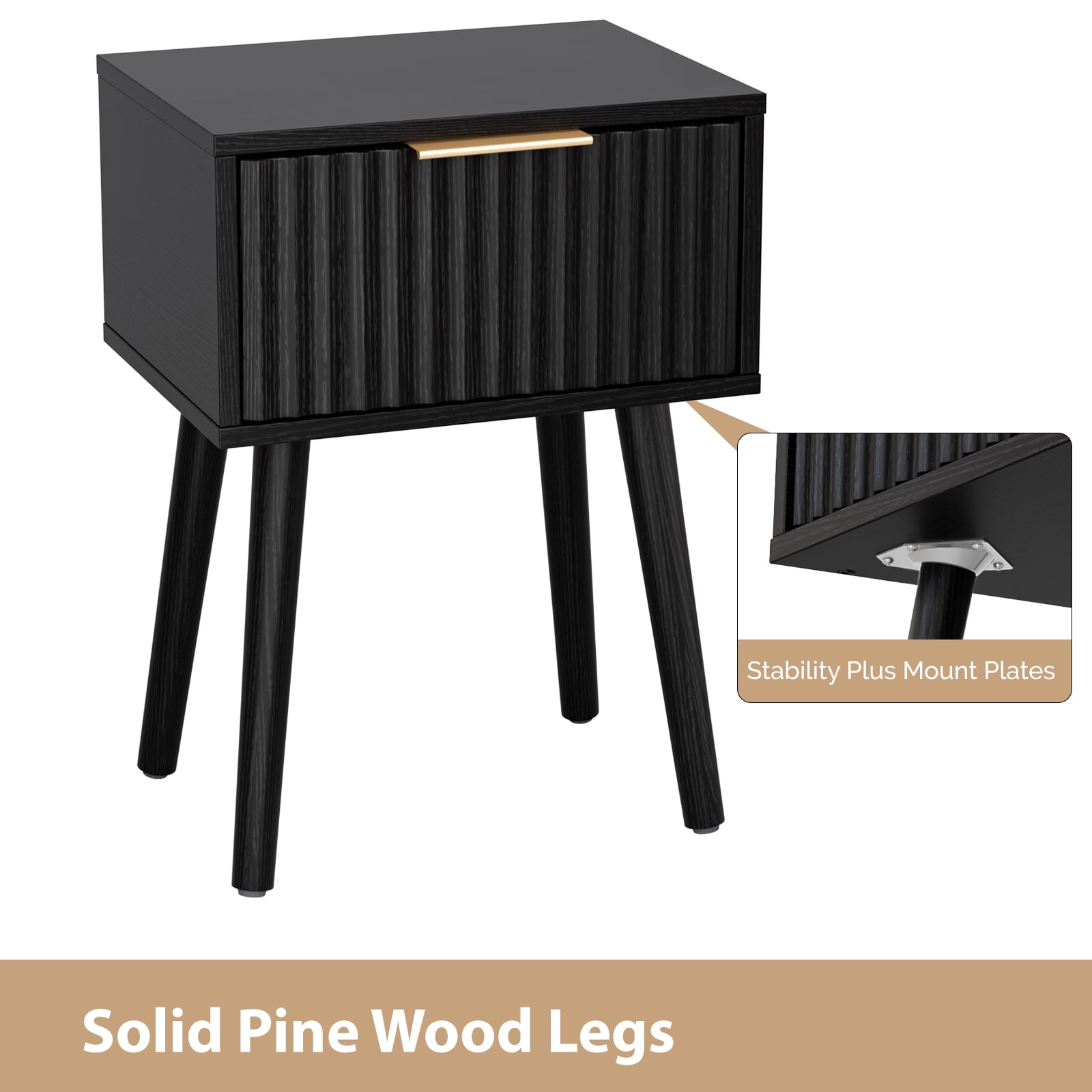 Ktaxon Set of 2 Solid Wood Nightstand,  End Table, Side Side End Table for Bedroom Furniture, Black