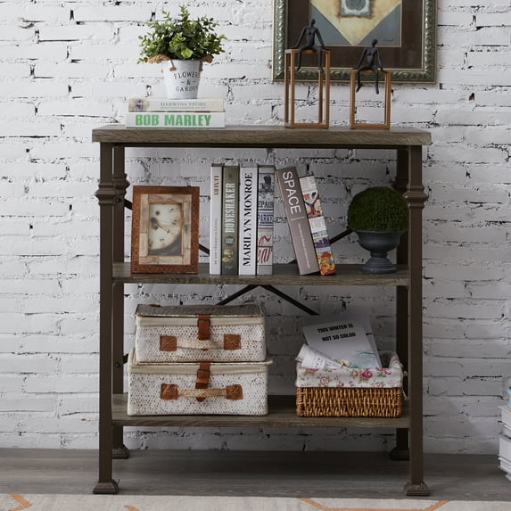 SESSLIFE 3-Tier Bookshelf, Rustic Industrial Style Bookcase Furniture, Free Standing Storage Shelves for Living Room Bedroom and Kitchen, Grey Oak, Industrial Bookshelf for Small Space