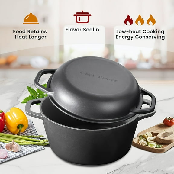 5QT 2-in-1 Black Cast Iron Dutch Oven Pot with Skillet Lid Kitchen Cooking Pan, Cast Iron Skillet Cookware Pan Set with Dual Handles Indoor Outdoor for Bread, Frying, Baking, Camping, BBQ
