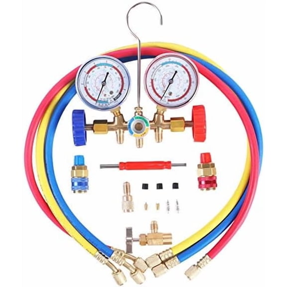 3 Way AC Manifold Gauge Set, HVAC Diagnostic Charging Tool for Auto Household R404A R134A Refrigerant with R134A Quick Couplers 3FT Charging Hose Can Tap Adapter Valve Core Tool