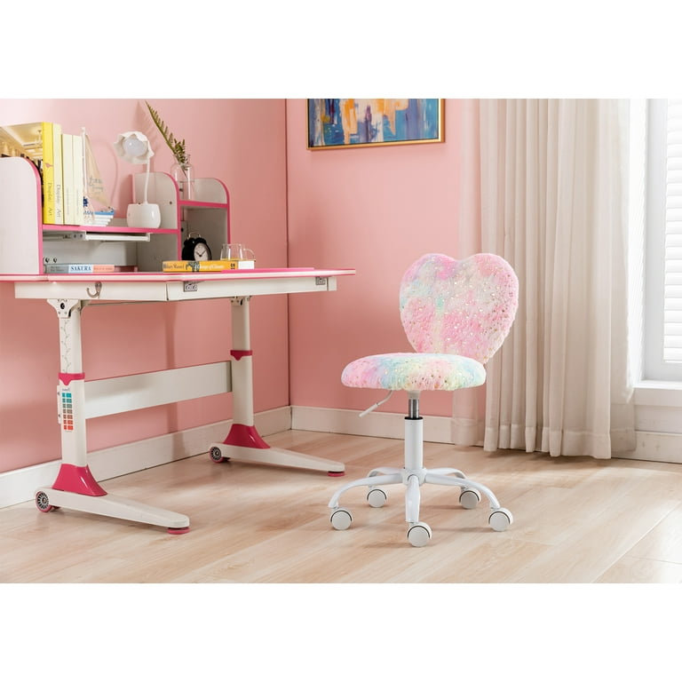 Guyou Cute Fuzzy Kids Chair Faux Fur Rolling Swivel Children Desk