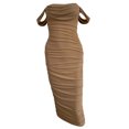 thumbnail image 1 of Vestido de color sólido de mujer sexy con hombros descubiertos, plisado, cintura alta, bodycon, dobl Abanopi Beige/M, 1 of 7