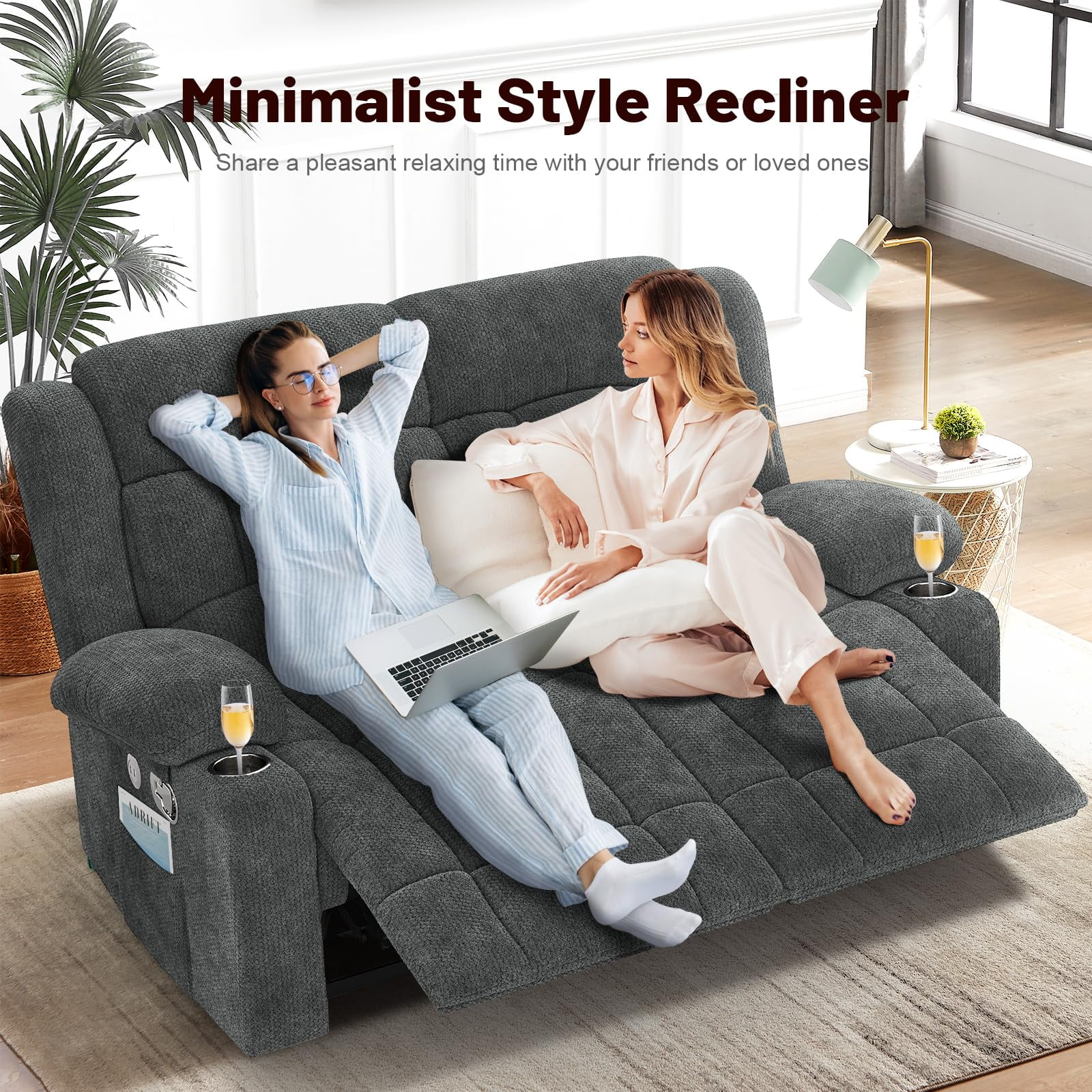 Loberfve Loveseat Recliner Sofa, Fabric Manual Pull Tab Double Reclining with USB Charge Ports, Cup Holders, Recliner 2 Seater Couches for Living Room, RV, Gray