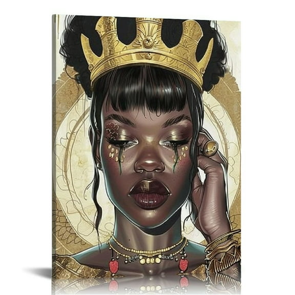 JEUXUS African American Wall Art Black Queen with Golden Crown Inspirational Motivational Painting Canvas Print Black Girl Bedroom Decor Living Room Decor Framed 12x16 in