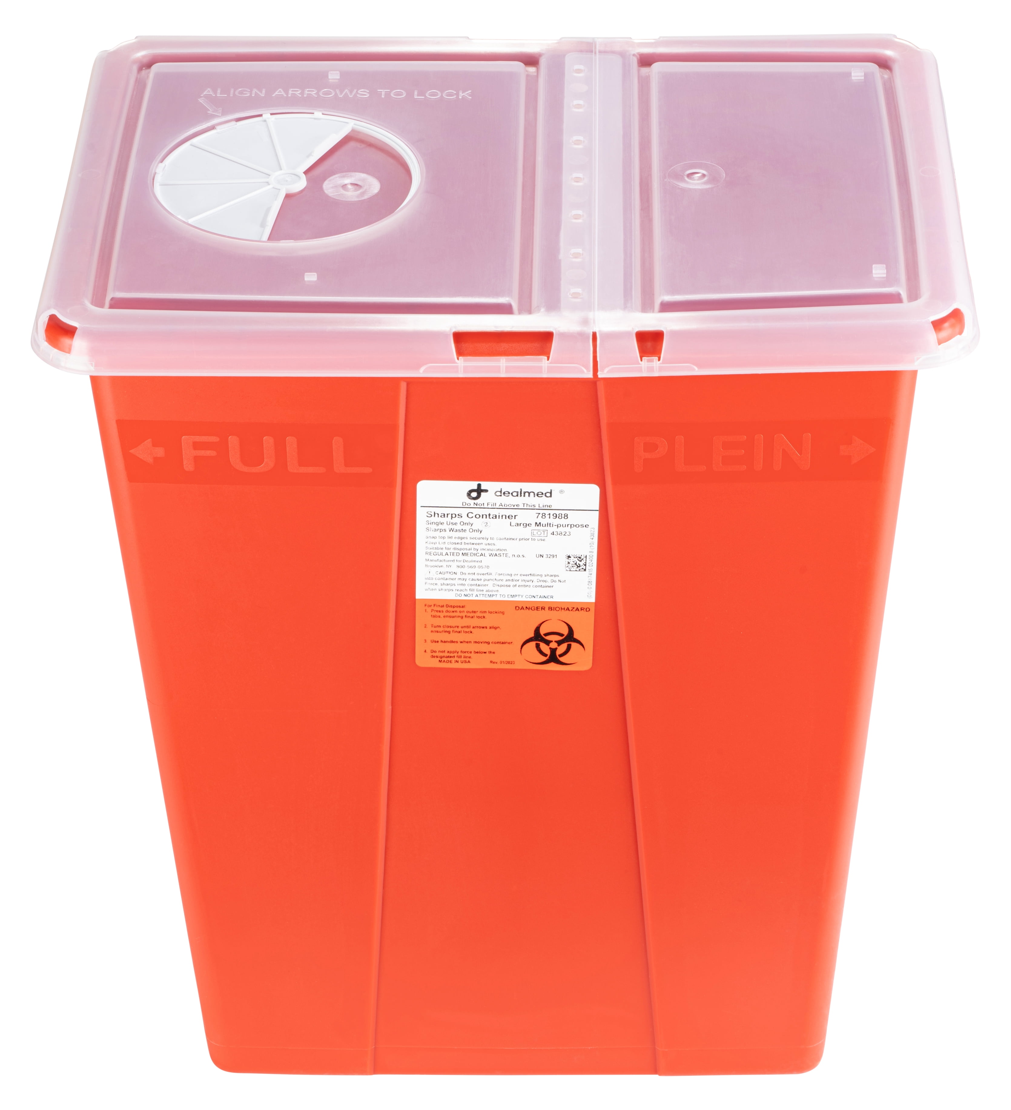 Dealmed Sharps Container, 8 Gallon Hinged Lid, Red (Case of 10)