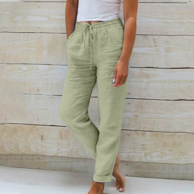 AherBiu Casual Pants for Women Drawstring Mid Waisted Straight Leg Pants with Pockets Travel Slacks