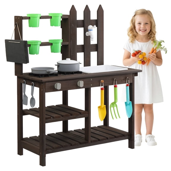 Ktaxon Outdoor Wooden Mud Kitchen for Kids, Play Kitchen with Sink, Faucet, Chalkboard, Planting Pots, Stove Top, Storage Shelves, Garden Playset for Boys Girls 3 