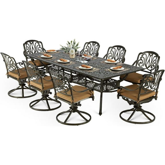 VIVIJASON 9-Piece Outdoor Dining Set, Cast Aluminum Retro Patio Furniture Table and Chairs Set for 8, Include 94.5" Rectangular Table and 8 Swivel Rocker Chairs with Umbrella Hole, Khaki Cushion
