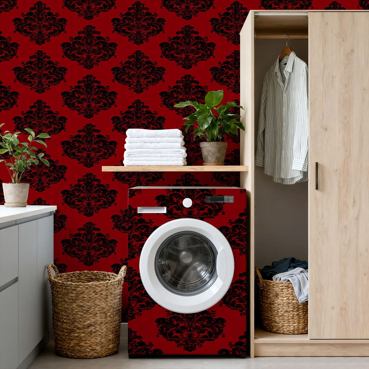 Vintage Peel and Stick Wallpaper Black Red Floral Damask Vintage Elegance baroque Wall Mural 17.7in x 9.8ft Self Adhesive Removable Wall Paper Renter Friendly Wallpaper for Bedroom Livingroom Office