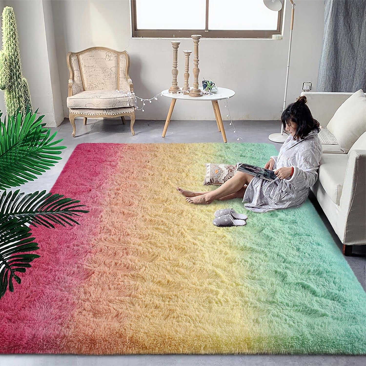Junovo Gradient Modern Rugs Shaggy Rug Carpets for Bedroom, Living Room,Kids Room,5'x8',Green/Pink