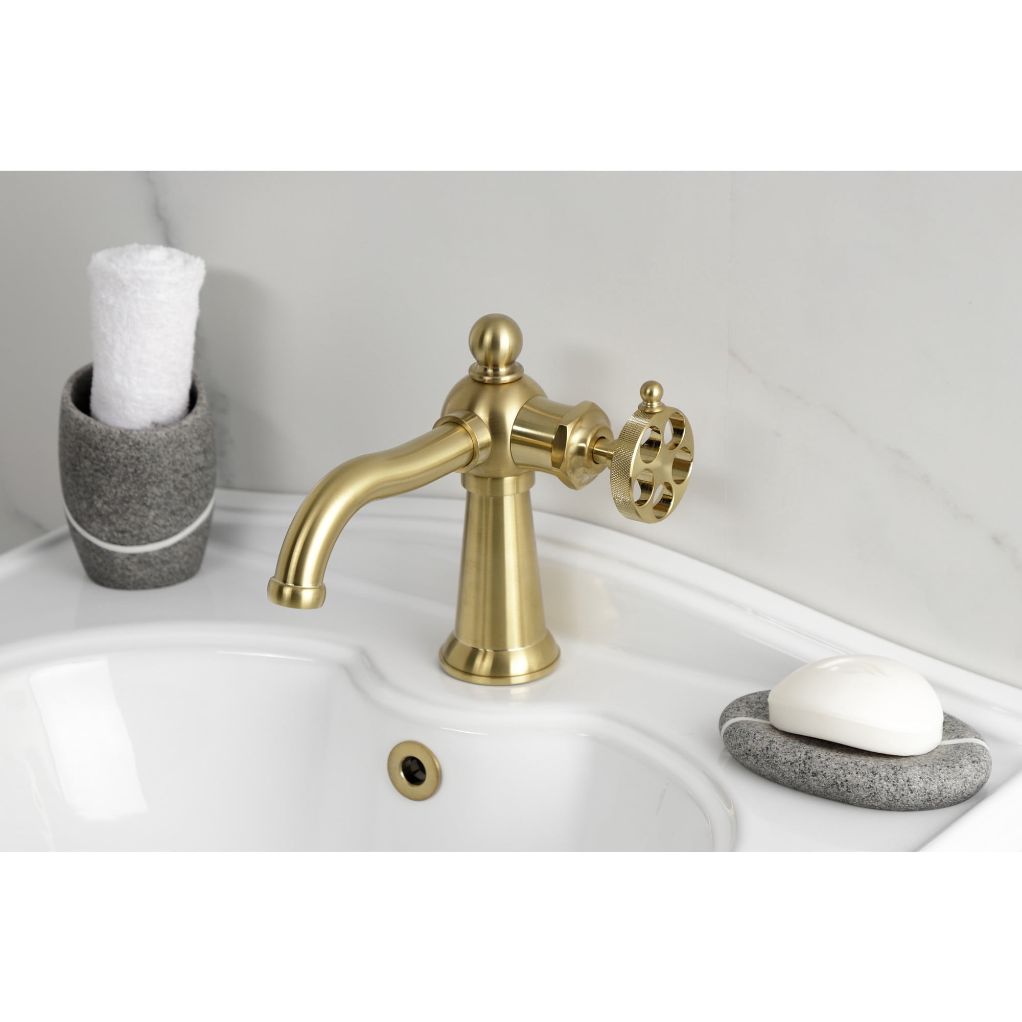 Kingston Brass KS3547RKZ Wendell One-Handle Single-Hole Bathroom Faucet with Knurled Handle and Push Pop-Up Drain, Brushed Brass