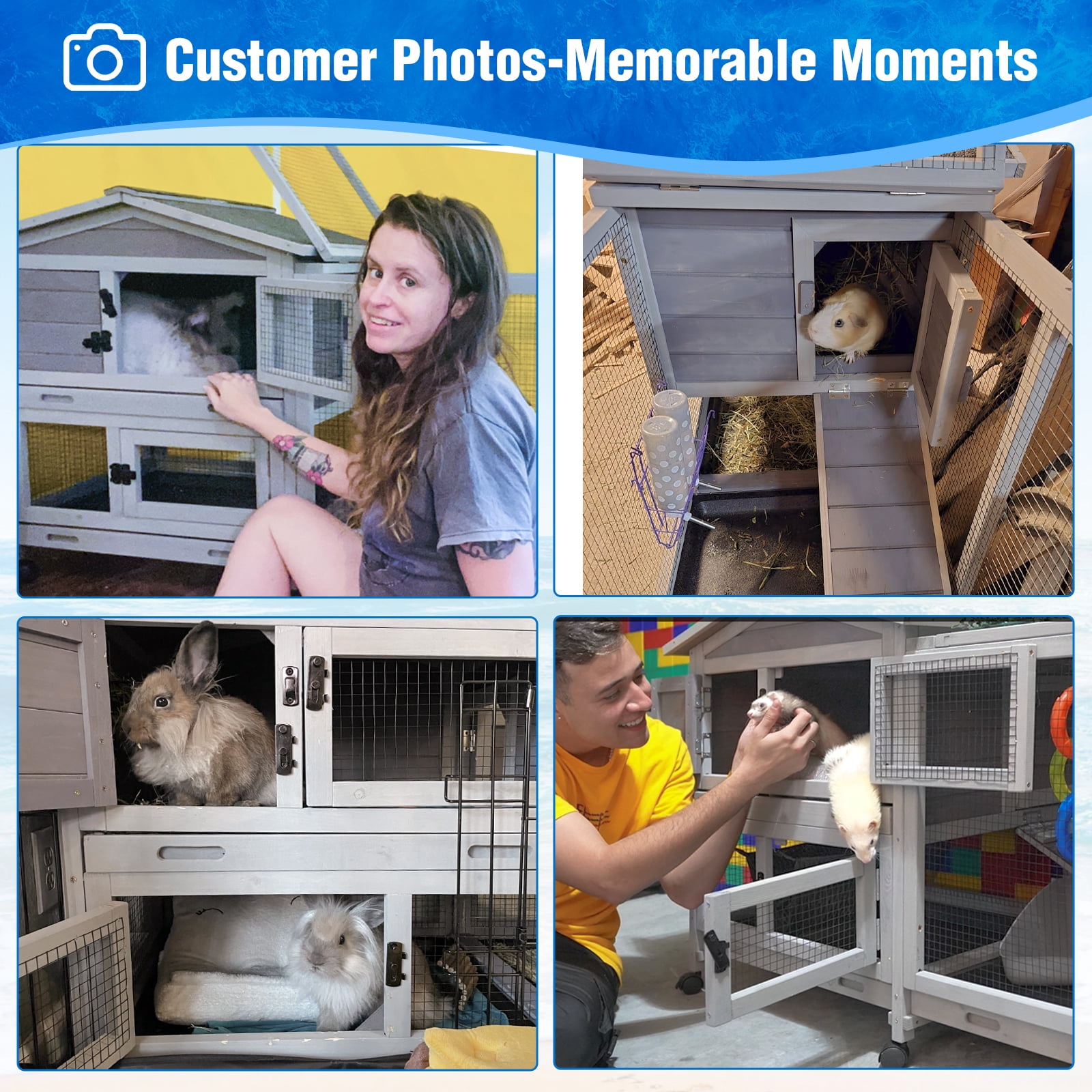 Suumerpety Rabbit Hutch on Wheels Indoor Rabbit Cage Outdoor Bunny Hutch with 3 Plastic Trays & Anti-Chew Ramp Metal Frame Guinea Pig Cage Gray