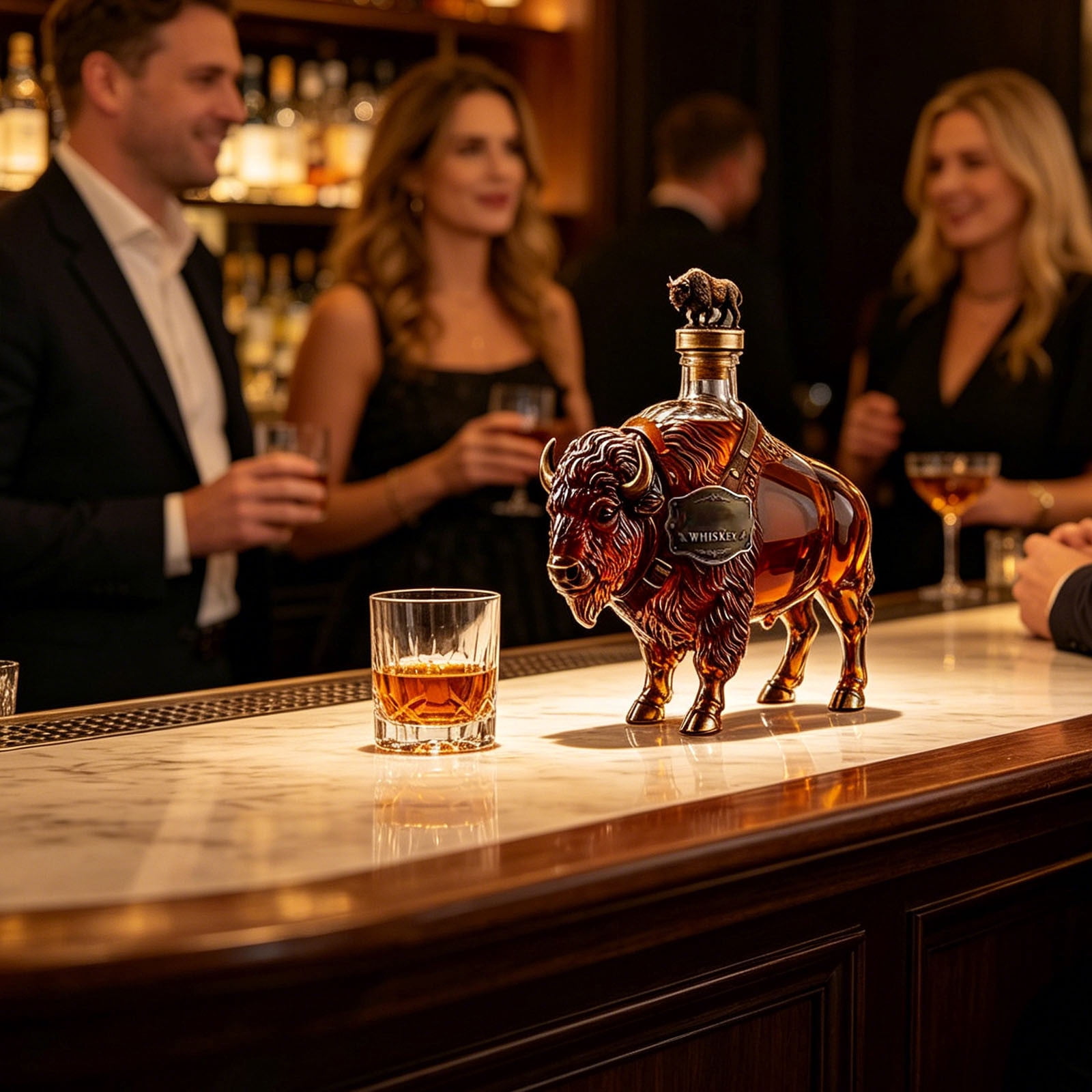 2026 New 3D 11.16oz Buffalo Figurine Glass Liquor Bottle with Deluxe Gift Box, Leakproof Sealed Decanter for Home Party, Dinner & Bar Serving Decor