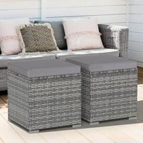 DRAZUNO 2PCS Patio Rattan Ottomans Seat Side Table Storage Box Footstool W/Cushion Gray