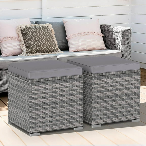 DRAZUNO 2PCS Patio Rattan Ottomans Seat Side Table Storage Box Footstool W/Cushion Gray