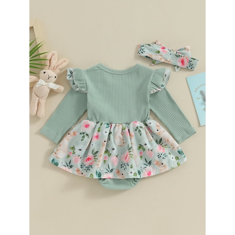 Newborn Baby Girl Easter Outfits Set Long Sleeve Bunny Flower Print A line Romper Dress with Headband Clothes Suit 0 3 Months Walmart