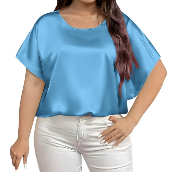 Posijego L-5XL Womens Plus Size Tops Silk Satin Short Sleeve Shirts Business Office Work Casual Dressy Blouses Workwear
