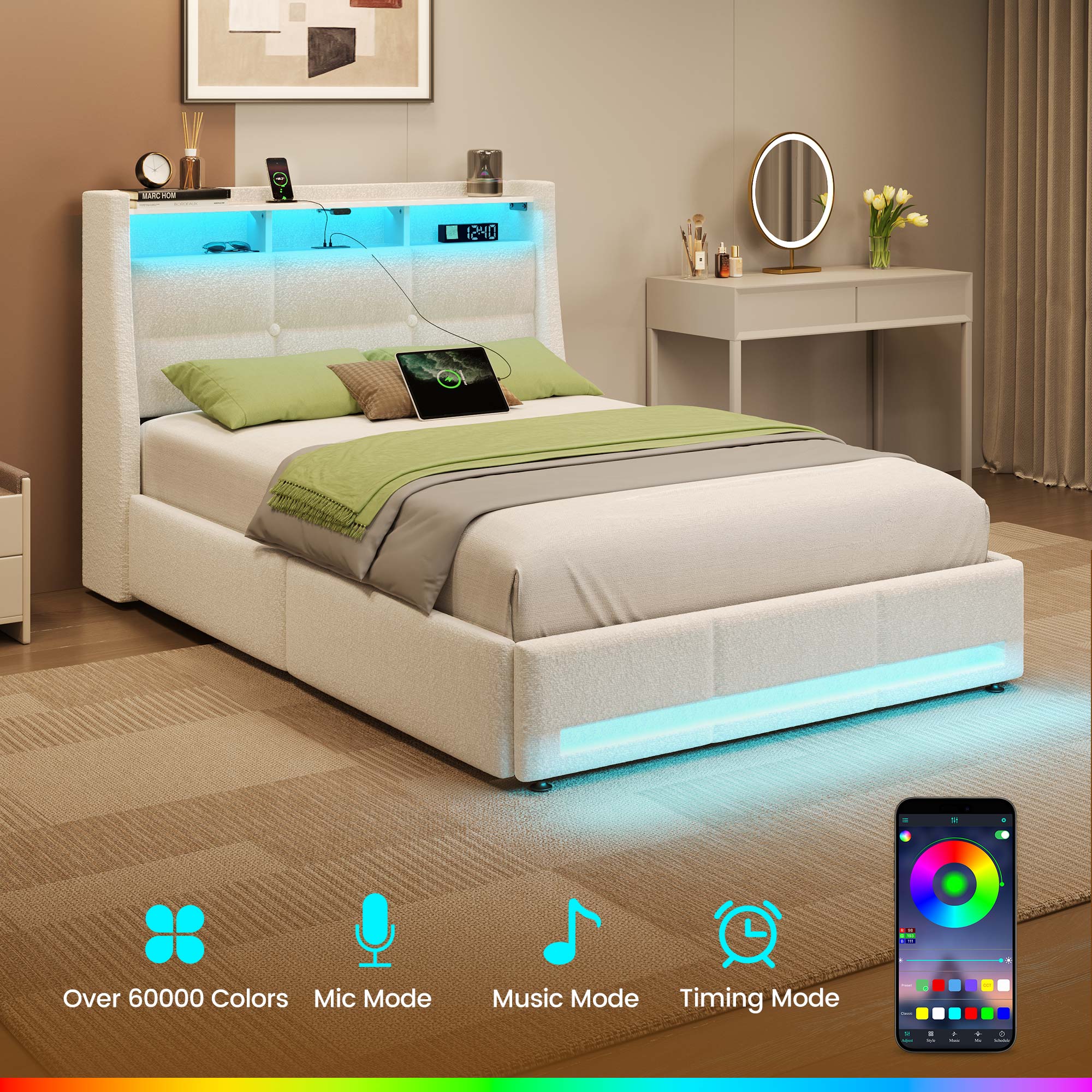 Greenstell Twin Bed Frame with LED Lights, USB & Type-C Charging, Wingback Storage Headboard and 4 Drawers White