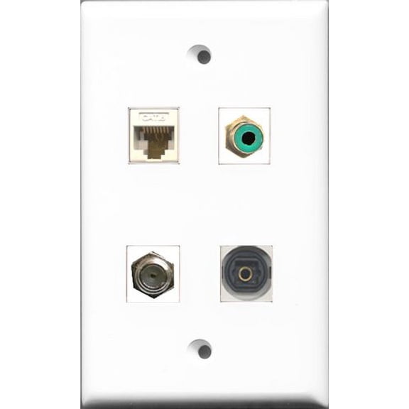 RiteAV 1 Port RCA Green and 1 Port Coax Cable TV- F-Type and 1 Port Toslink and 1 Port Cat6 Ethernet White Wall Plate