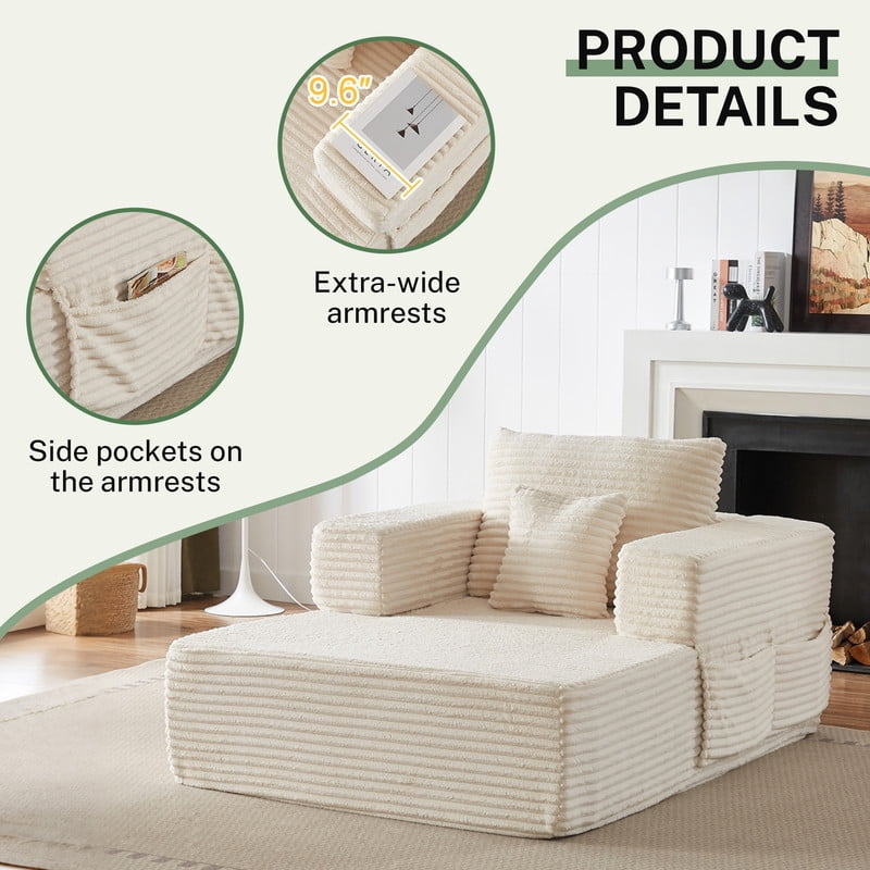 Single-Seater Upholstered Lazy Sofa, Floor Lounge Chair with Back Cushion & Throw Pillow, Oversized Chaise Lounge with Pockets
