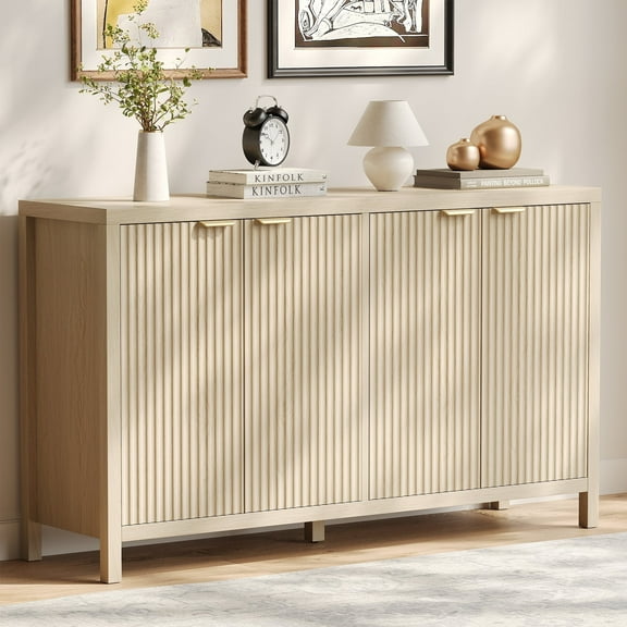 AODAILIHB Storage Cabinet Wood, Buffet Coffee Decorated Bar Cabinet, Kitchen Cabinet with Adjustable Dividers for Entryway, Dining Room, Natural, 4 Doors