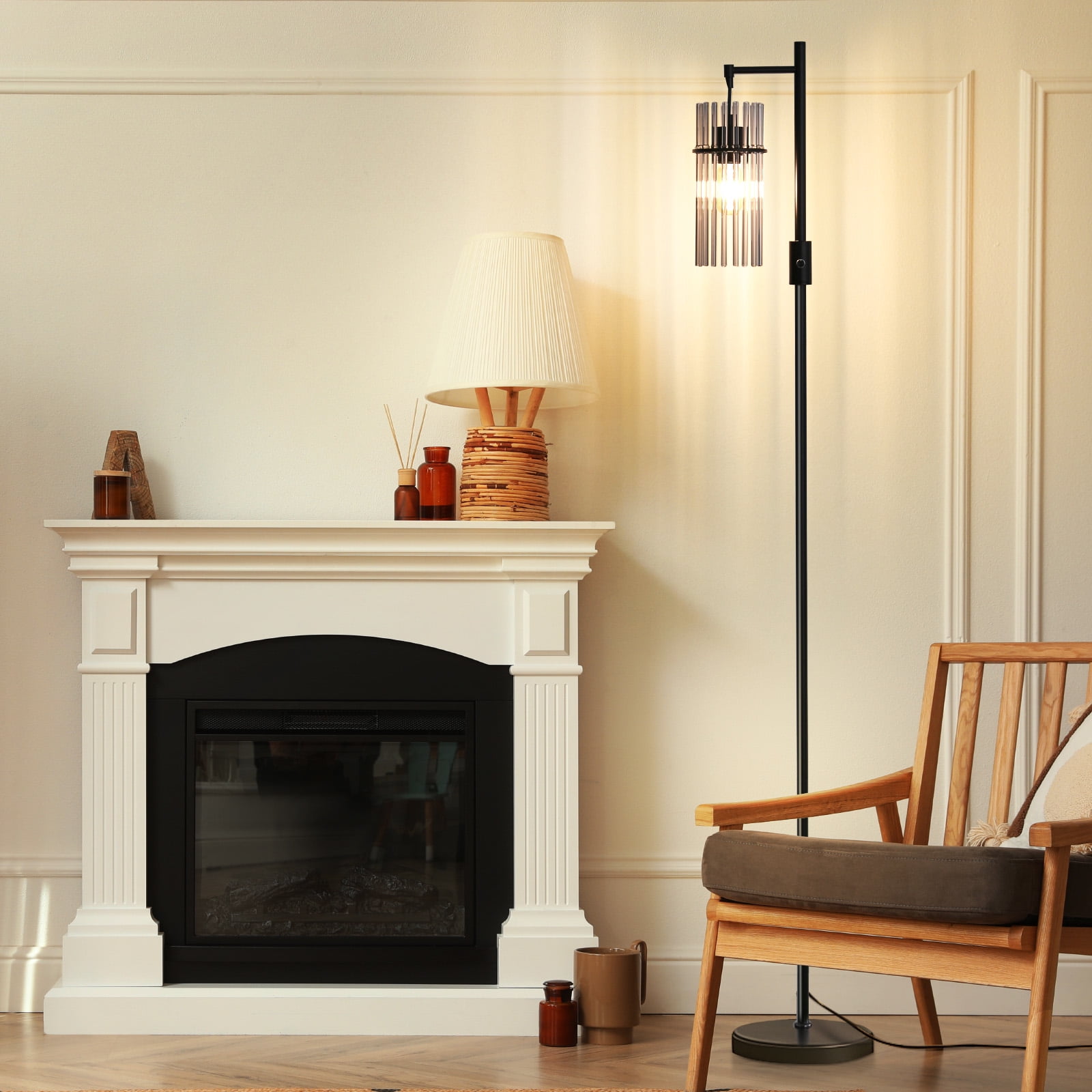 Industrial Floor Lamps for Living Room, Dimmable Floor Lamp Modern Standing Lamps with Glass Lampshade, Rotary Switch, LED Bulbs, Tall Lamps for Bedroom, Office (1 Lampshade