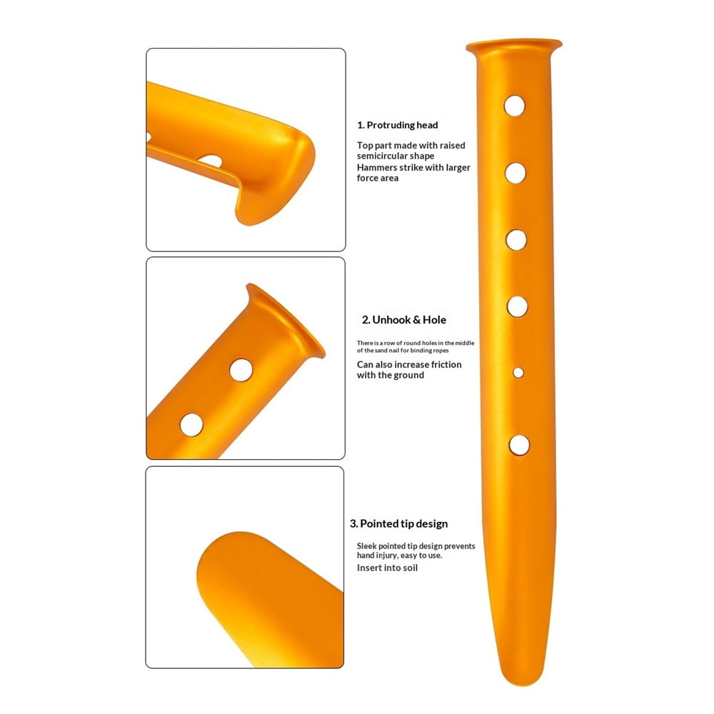 10 pcs yellow Color Aluminum Tent Stakes for Camping in Snow and Sand Tent Boating Hiking Backpacking Picnic Shelter Shade Canopy Outdoor Activity
