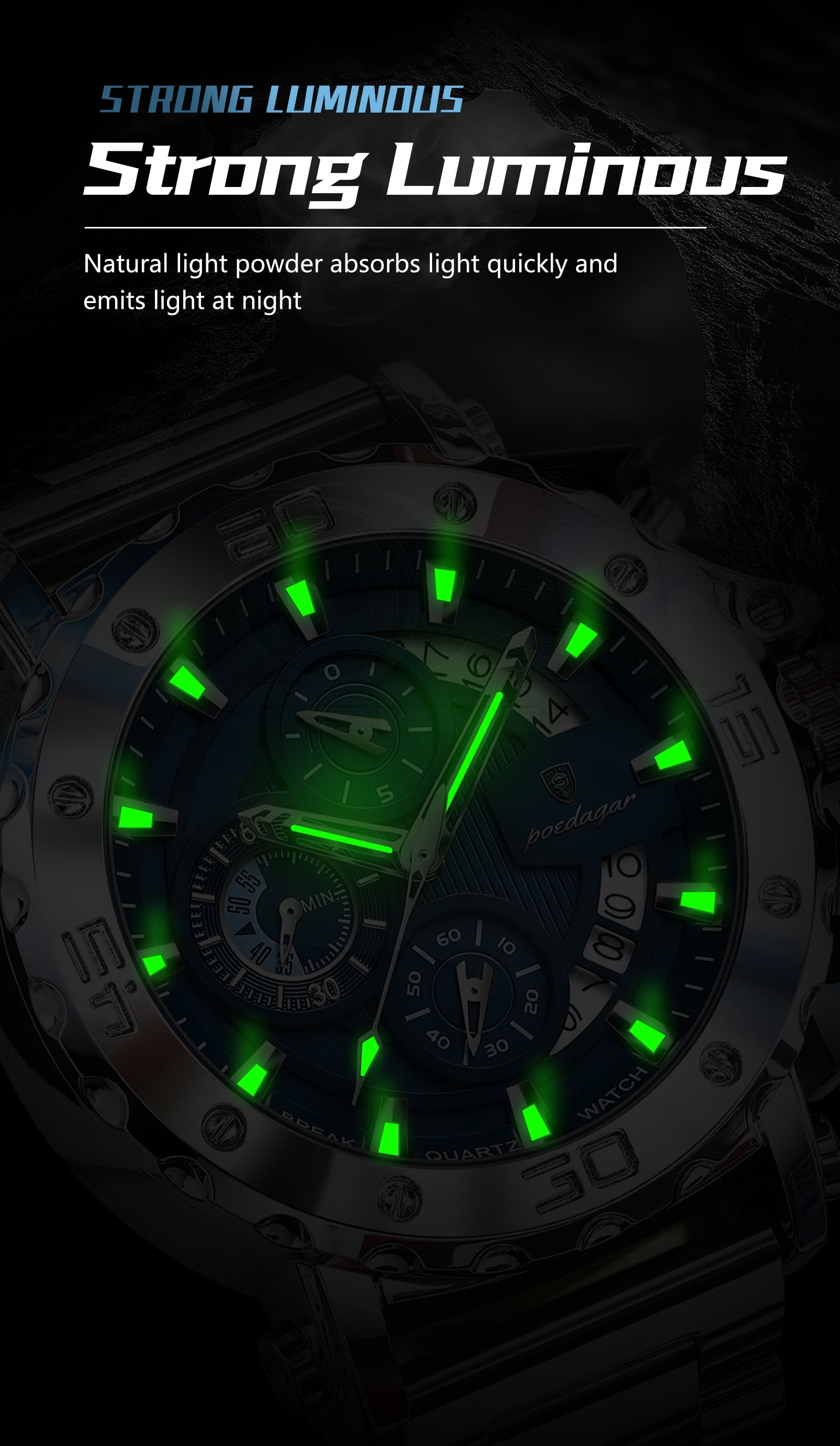 Poedagar Chronograph Watch For Men Luminous Waterproof Alloy Case Stainless Steel Men's Quartz Watch