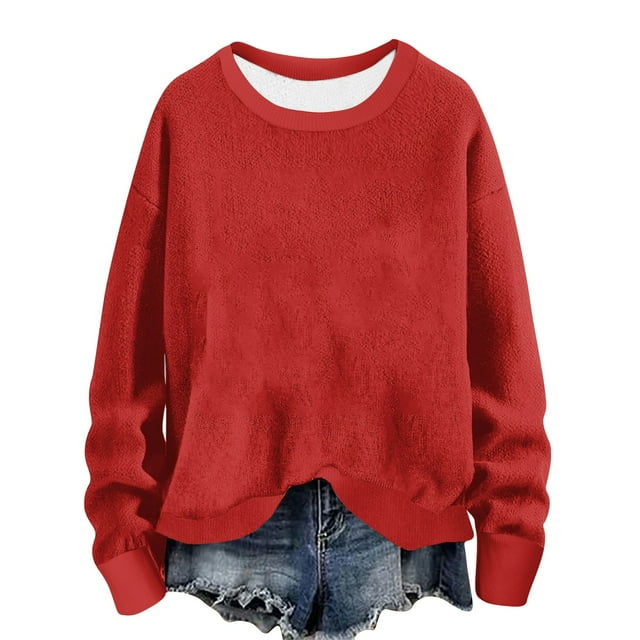 lcziwo Chandails à Col Rond pour Femmes Automne Hiver 2024 Décontracté Uni à Manches Longues Hauts Chandail Ample Sans Capuche Haut Rouge,TTG