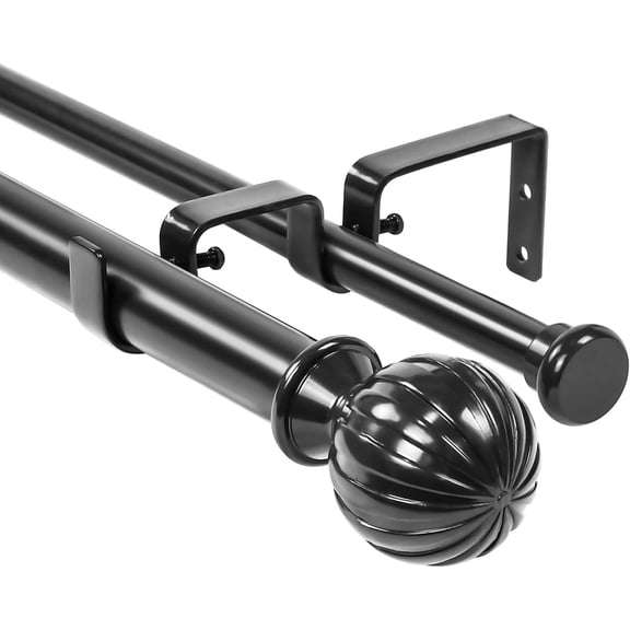 Urbanest Adjustable Double Curtain Rod Set Fluted Ball Flat Button Finials – 1″ Front & 5/8″ Back Rod With Black Rod, 28–48 Inches