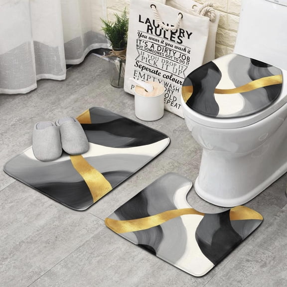 Gray and Gold Marble Wavy Lines Pattern Bathroom Rugs Sets 3 Piece,Toilet Cover Set,Absorbent Non Slip Bathroom Mats Sets with U-Shaped Contour Rug Toilet Rug Set
