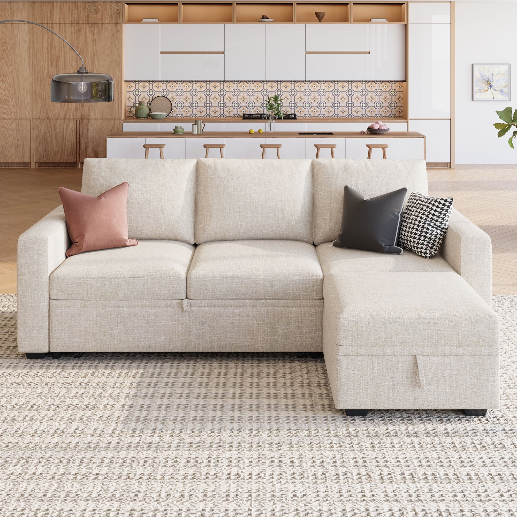 HONBAY 79" Reversible 3 Seat Beige Compact L Shaped Sectional Sleeper Sofa with Pull Out Bed and Storage, Breathable Linen