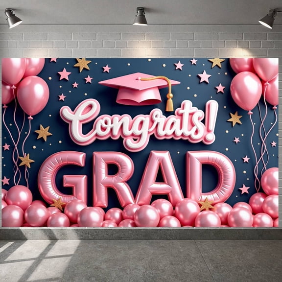Pink Theme Graduation Banner Graduation Cap Design Congrats Display Pink Balloons Gold Stars Grad Backdrop for Graduation Party College Graduation Graduation Photo Shoot