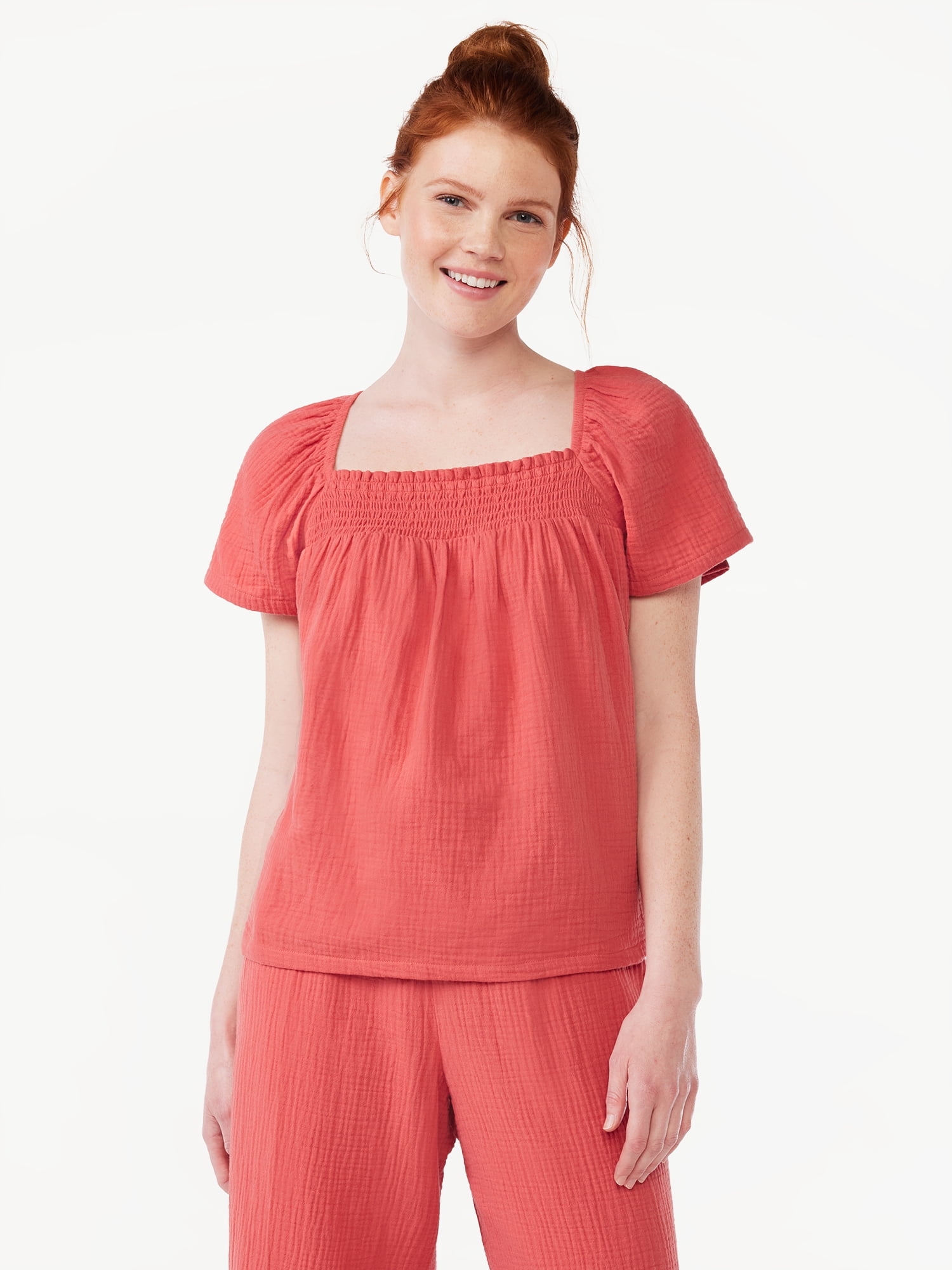 Joyspun Women's Smocked Gauze Sleep Top, Sizes S to 3X