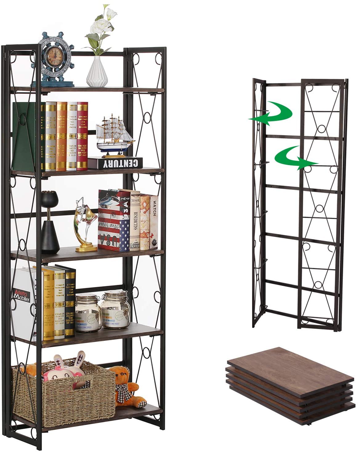 YELROL Bookcase with Doors/Drawers Industrial 4Tier Bookshelf Display