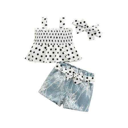 

4pcs Summer Newborn Baby Girls Clothes Sets Dots Print Sleeveless Ruffles Vest Tops Bowknot Lace Denim Shorts Waistband+Headband