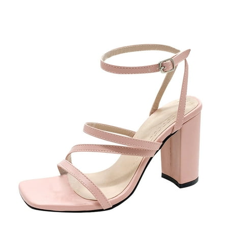 HSMQHJWE Strappy High Heels 4 Inch Wedge Sandals Women s Ankle Strap High Heels Open Toe Pump Heeled Sandals Shoes Pink 7.5)