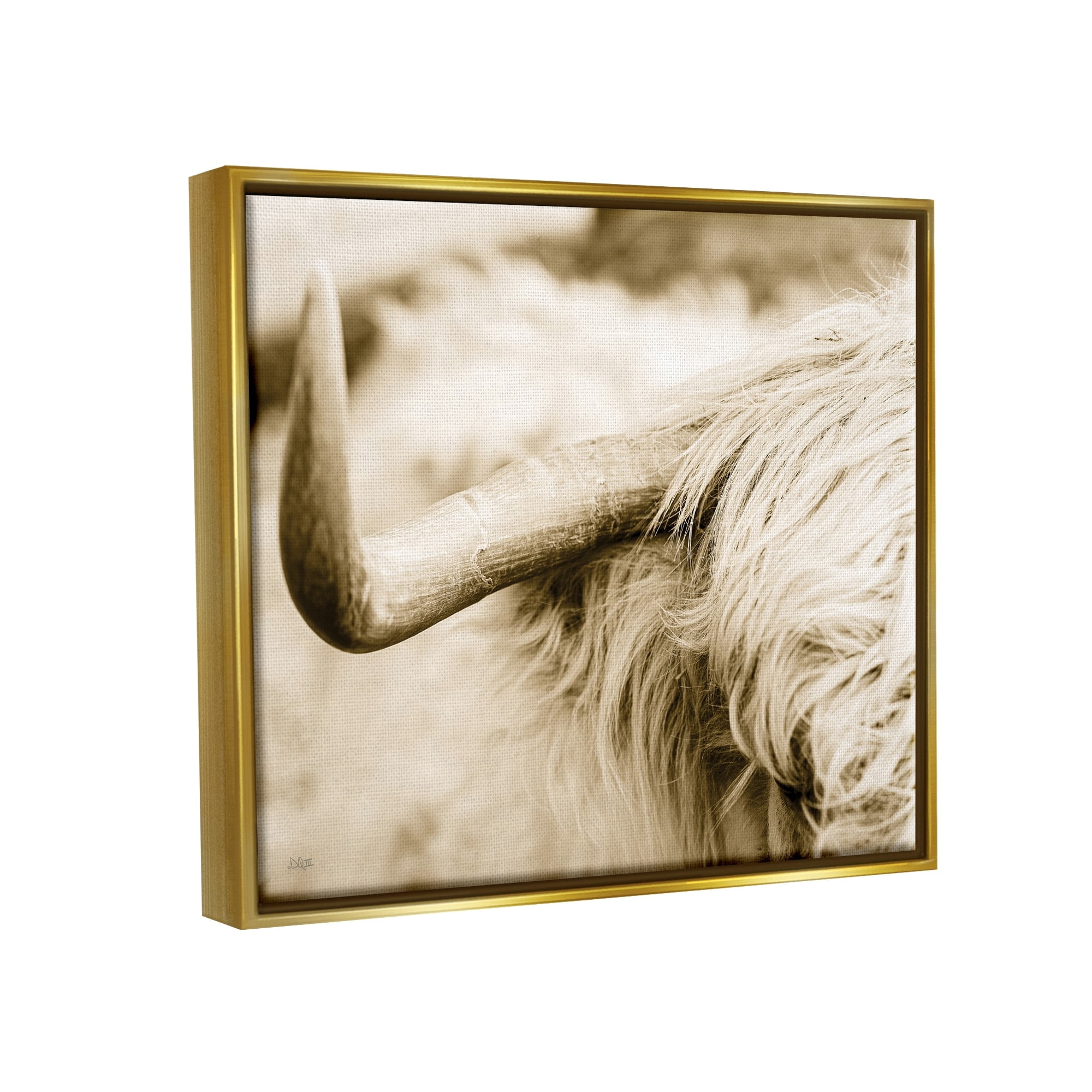 Stupell Industries Beautiful Longhorn Highland Cattle Horn Sepia Photography Photograph Metallic Gold Floating Framed Canvas Print Wall Art, Design by Donnie Quillen