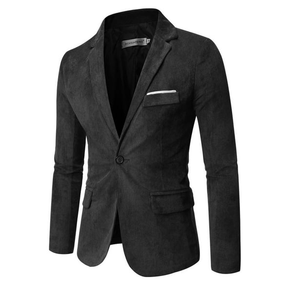 hopeusince Men's Corduroy Blazer Slim Fit One Button Suit Jacket Business Work Office Sport Coats with Pocket Black L