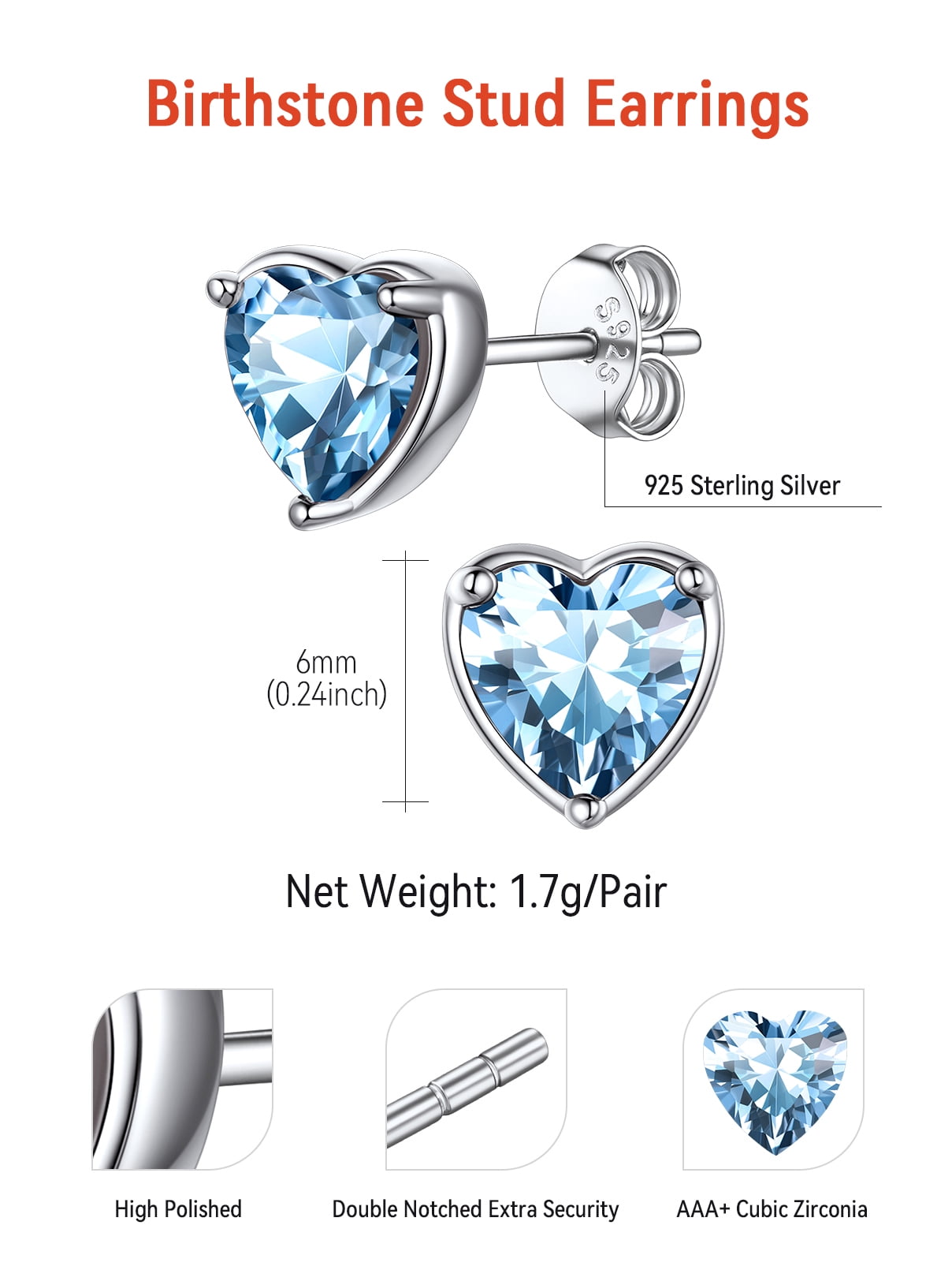 FaithHeart March Birthstone Heart Stud Earrings for Women 925 Sterling Silver Small Ear Charms Daughter Birthday Christmas Hypoallergenic Jewelry Gift
