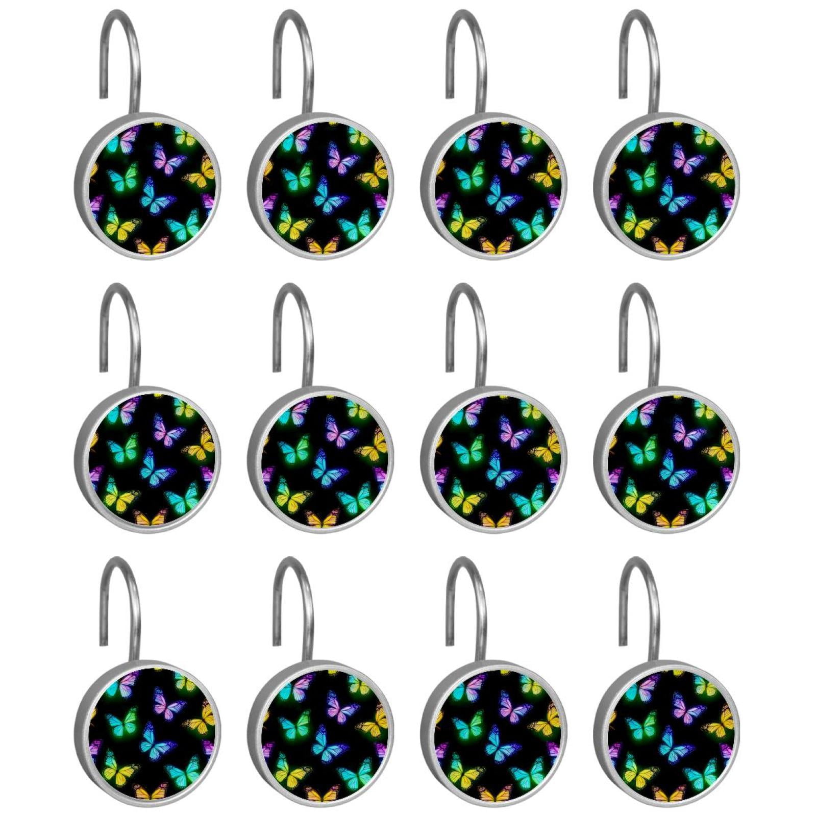 12pcs Decorative Shower Curtain Hooks, Rust Resistant Shower Rings for Bathroom Living Room,Rustproof Stainless Steel Rings for Shower Curtain and Liner Rods,Neon Colorful Butterflies