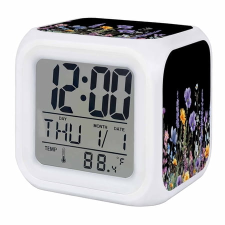 Spring Floral Digital Alarm Clock for Bedrooms, Smart LED Alarm Clock with 7 Color Changing Night Light, Summer Botanical Elegant Black Silent Wake Up Clocks for Sleep Study Cooking 3.2x3.2