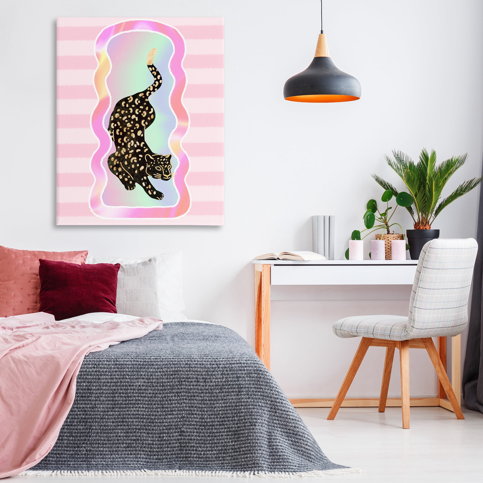 Stupell Industries Leopard & Pink Stripes Animals & Insects Painting Gallery Wrapped Canvas Art Print Wall Art, 36 x 48