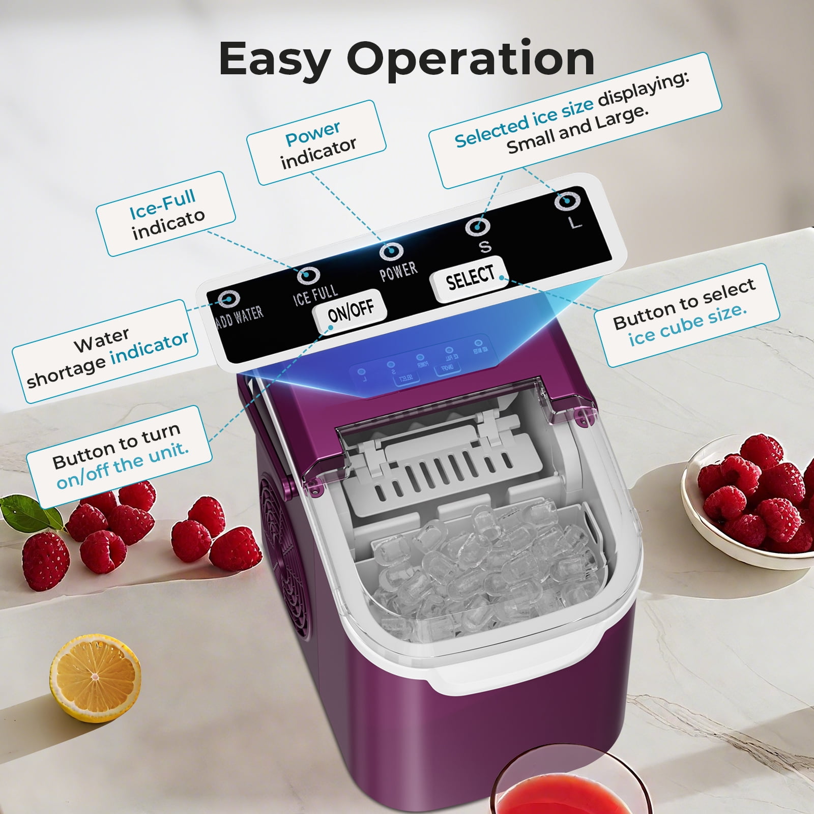 WAA Countertop Ice Makers, 26.5Lbs/Day, Quiet Portable Mini Ice Machine, Purple