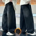 thumbnail image 5 of ZHOGXU Big Boys Denim Pants With Pocket Elastic Waist Plush Wide Leg Thickened Warm Comfortable Jeans For Daily Wear Black 8-9 Years, 5 of 7