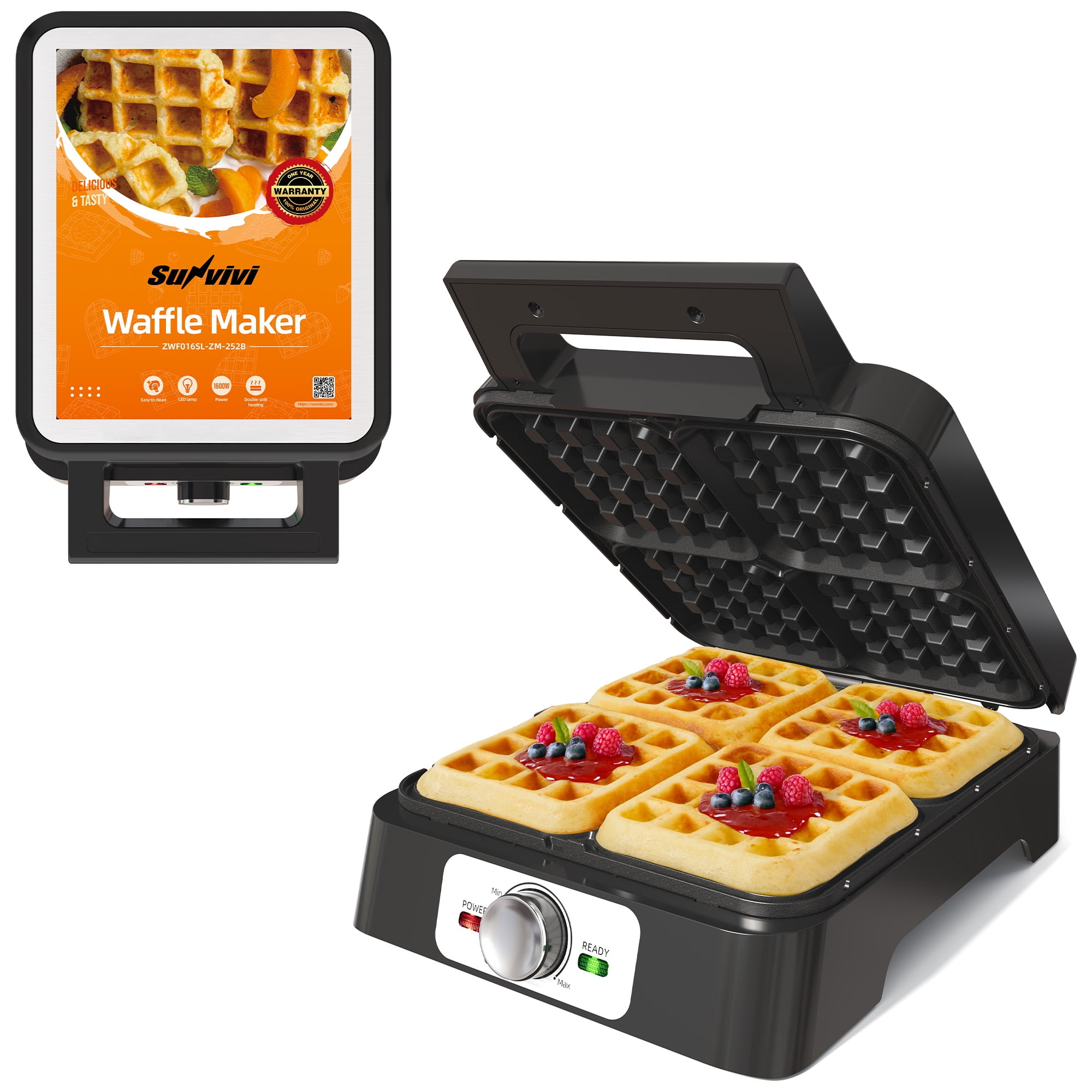 Heynemo Electric Waffle Maker 4 Slices, Stainless Steel Waffle Iron with Adjustable Heat, Nonstick Coating & Cool Touch Handle